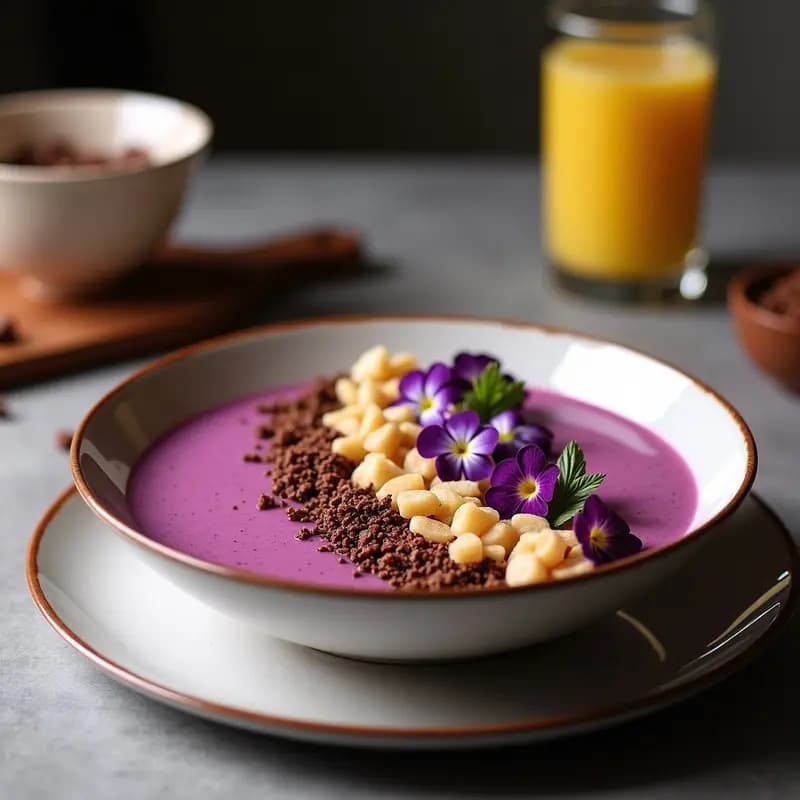 Smoothie Bowl de Açaí y Pitaya en un bol blanco con granola de cacao crujiente, frutos rojos, rodajas de kiwi y flores comestibles moradas y amarillas, desayuno fotogénico y colorido.