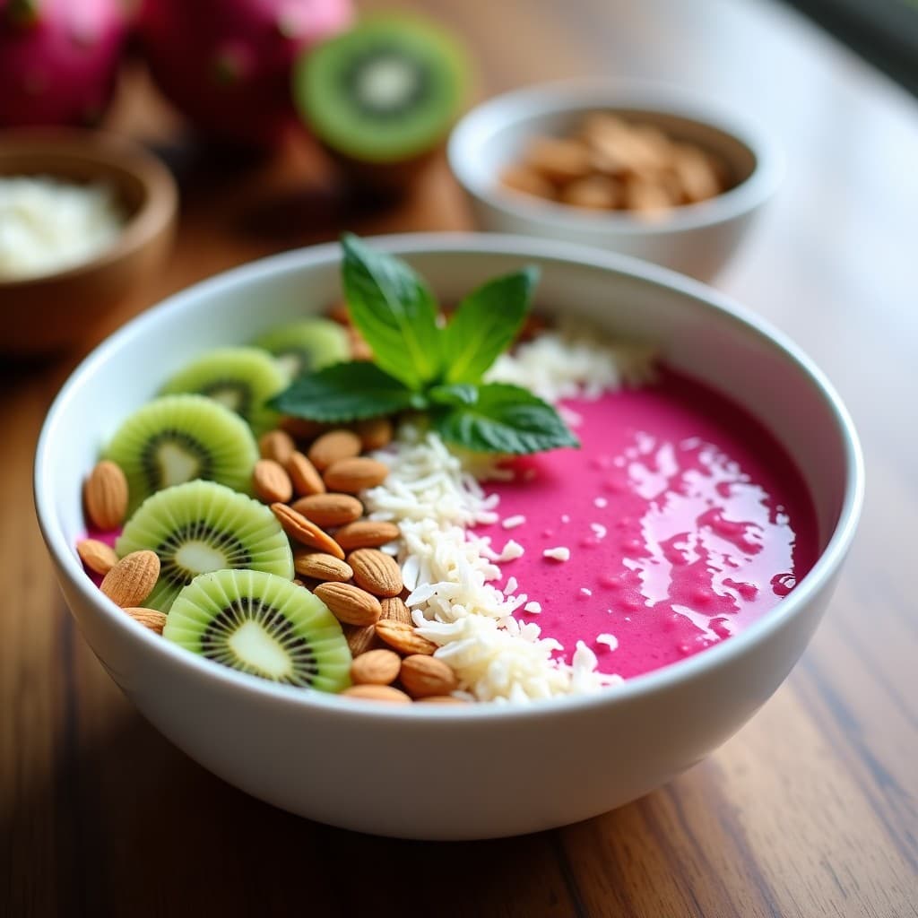 Smoothie Bowl de Dragonfruit y Kiwi en un bol blanco con base rosa vibrante, decorado con granola sin azúcar, coco rallado, almendras fileteadas, rodajas de kiwi y dragonfruit, y hojas de menta fresca. Desayuno Instagramable y saludable.
