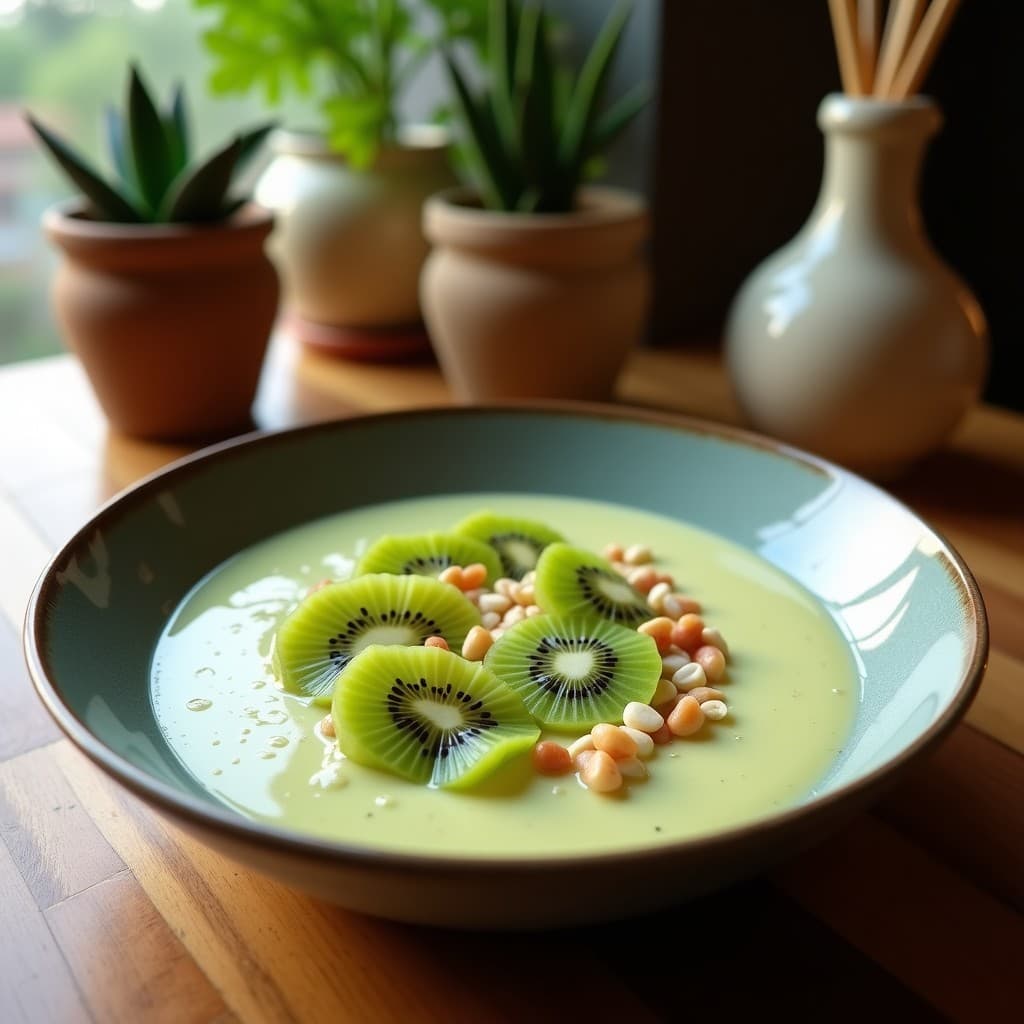 Smoothie bowl de espinacas, kiwi y leche de camello en un bol de cerámica blanca, decorado con semillas de sésamo, coco rallado, granada fresca y un hilo de miel, con fondo de madera rústica y hojas verdes.