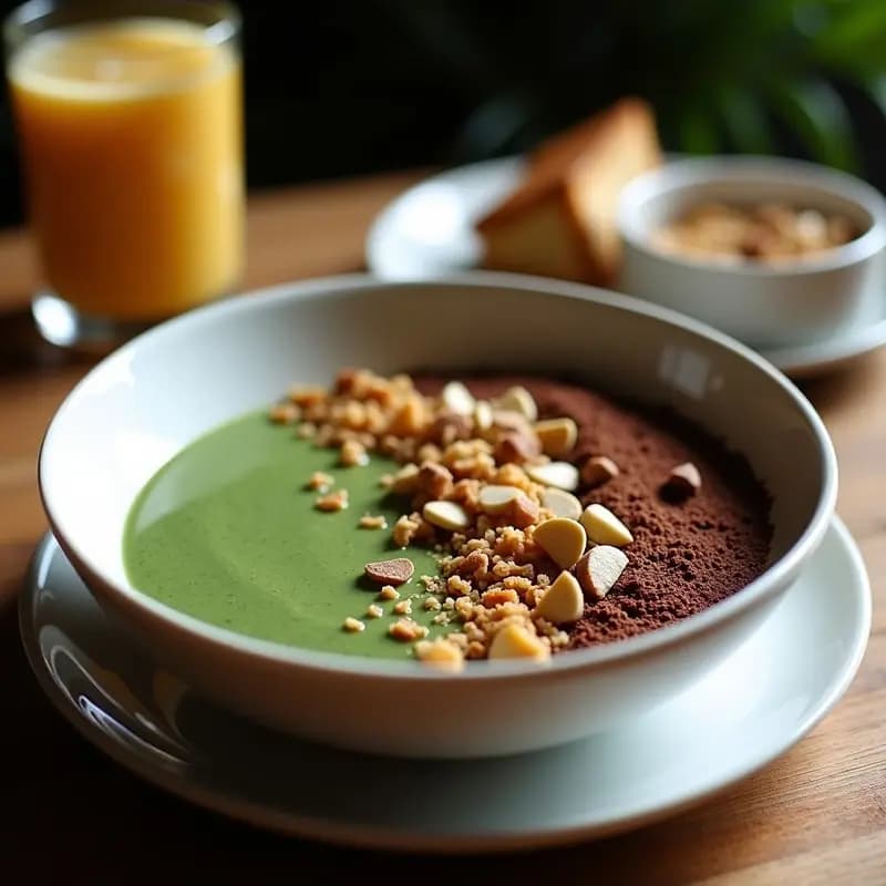 Smoothie bowl vegano en cuenco de cerámica blanca, con base cremosa de color verde oscuro por la espirulina, decorado con espirales de mantequilla de almendras, semillas de chía, coco rallado, almendras fileteadas y semillas de granada rojas. Fondo claro con toallas de lino y una cuchara de madera.