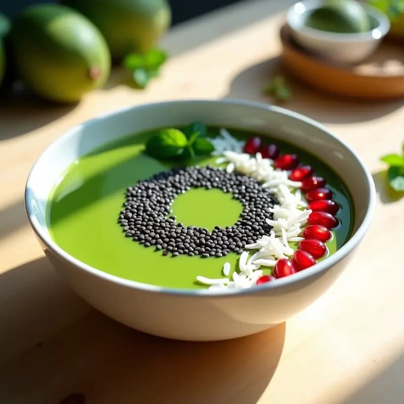 Smoothie Bowl de color verde eléctrico en un bol blanco con toppings de semillas de amapola negras, granada roja y copos de coco. Decorado con hojas de menta sobre fondo claro, receta de desayuno saludable y viral.