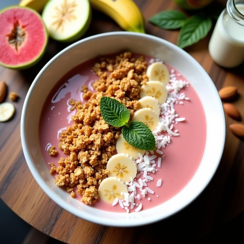 Smoothie bowl de guayaba y banana en un bol de cerámica blanca, con base cremosa de color rosado pálido, decorado con granola dorada de avena y coco, coco rallado, almendras fileteadas y hojas de menta fresca. Fondo con elementos tropicales como rodajas de guayaba y banana.