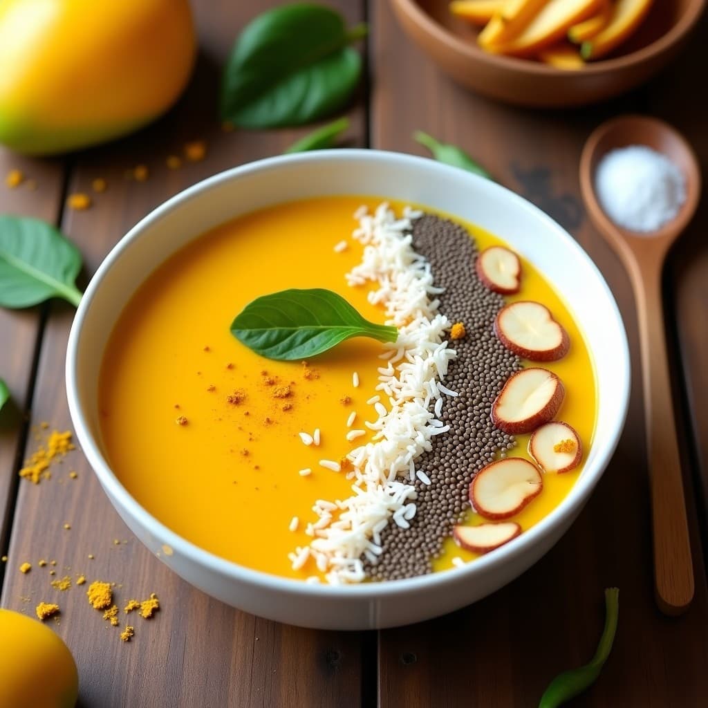 Smoothie Bowl de Mango y Cúrcuma en Thermomix servido en bowl blanco con toppings de coco rallado, anacardos, chía hidratada y menta fresca. Fondo claro con texturas tropicales y color amarillo dorado de la cúrcuma.