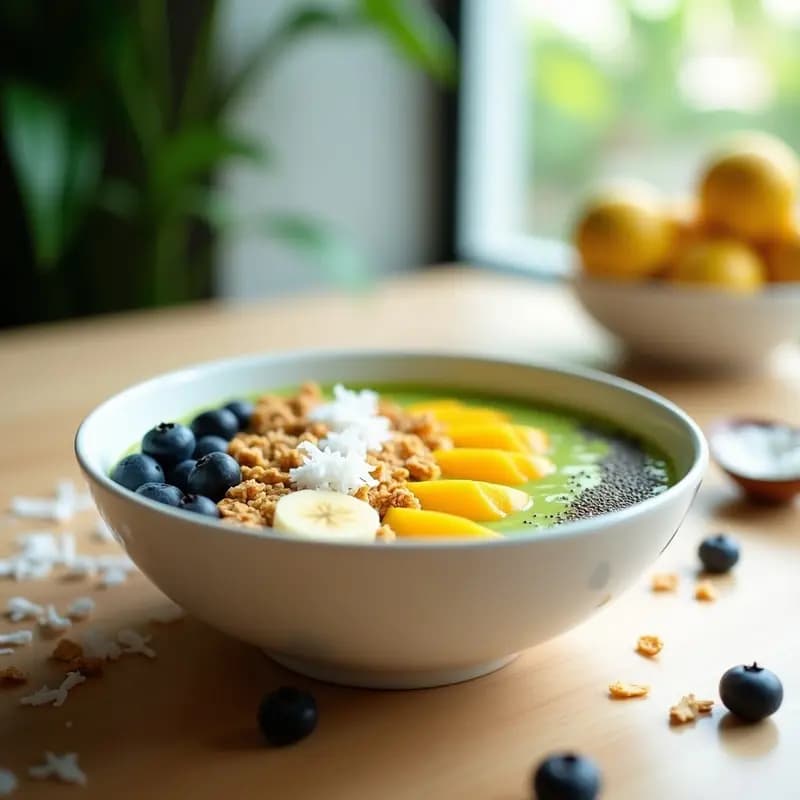 Smoothie bowl de mango, espirulina y leche de anacardo en un bol blanco con toppings de granola, coco rallado, semillas de chía y arándanos, desayuno tropical sin lácteos.