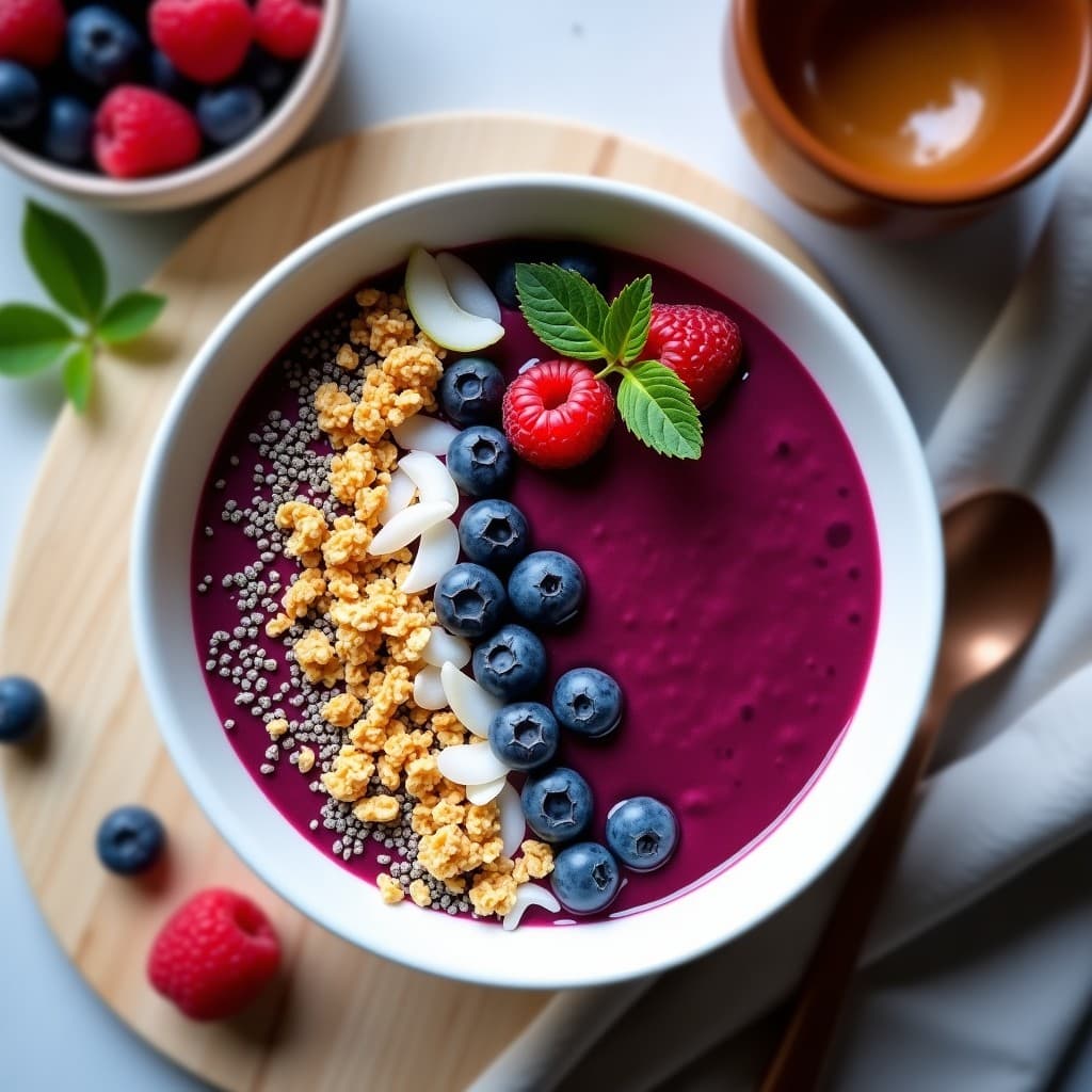 Bol de cerámica blanca con Smoothie Bowl de Mangostán y Frutos Rojos, decorado con granola de quinoa dorada, arándanos, frambuesas, coco rallado y semillas de chía. Fondo con hojas de limón kaffir y trozos de mangostán fresco.