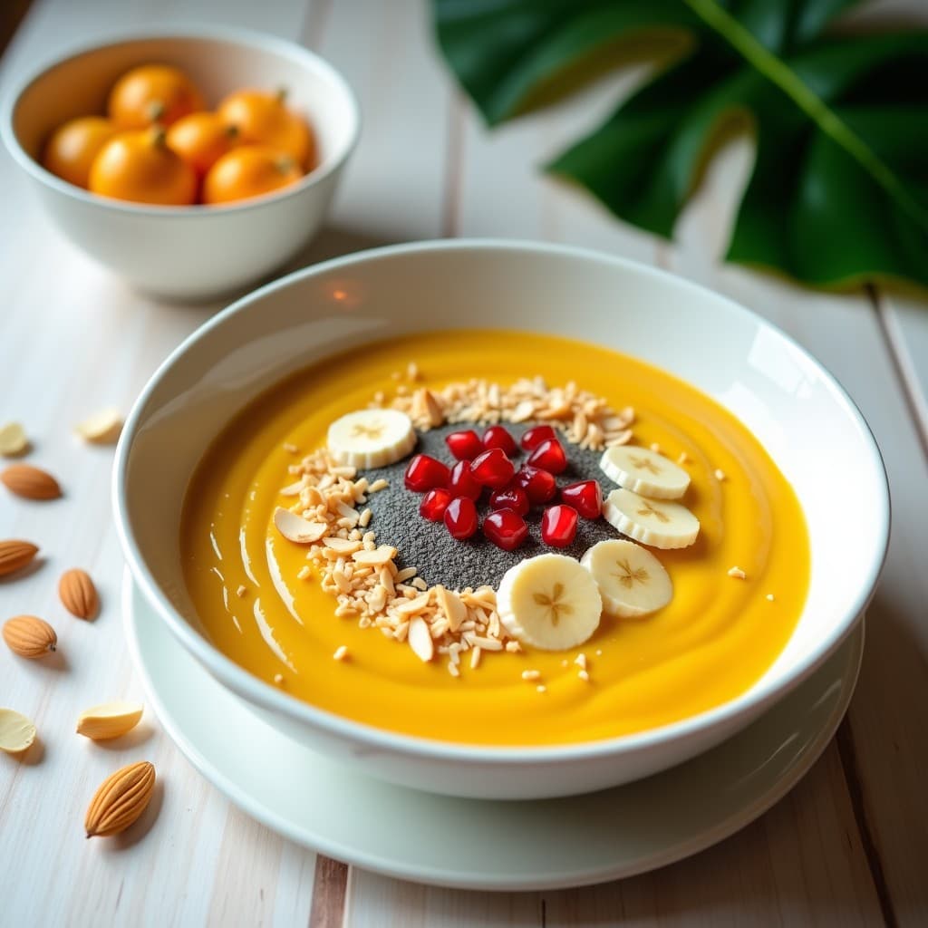 Smoothie bowl de maracuyá y chía en bol blanco con toppings de granola, coco rallado y almendras, servido sobre una mesa de madera con fondo tropical.