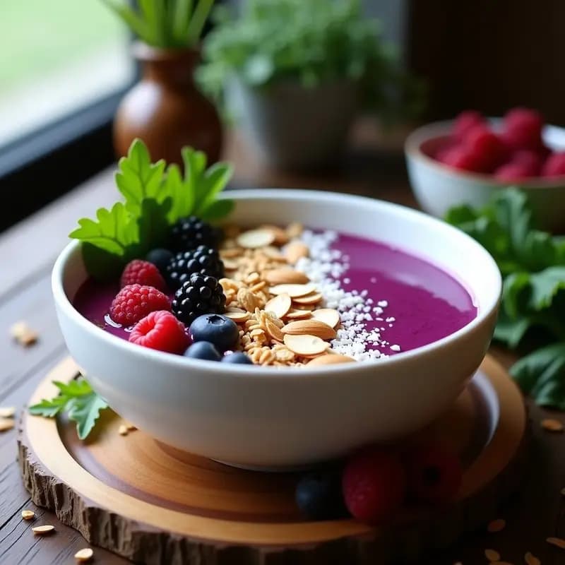 Bol de cerámica blanco con smoothie bowl morado vibrante, decorado con granola, coco rallado, almendras fileteadas y frutos rojos. Fondo de madera rústica con hojas de kale frescas.