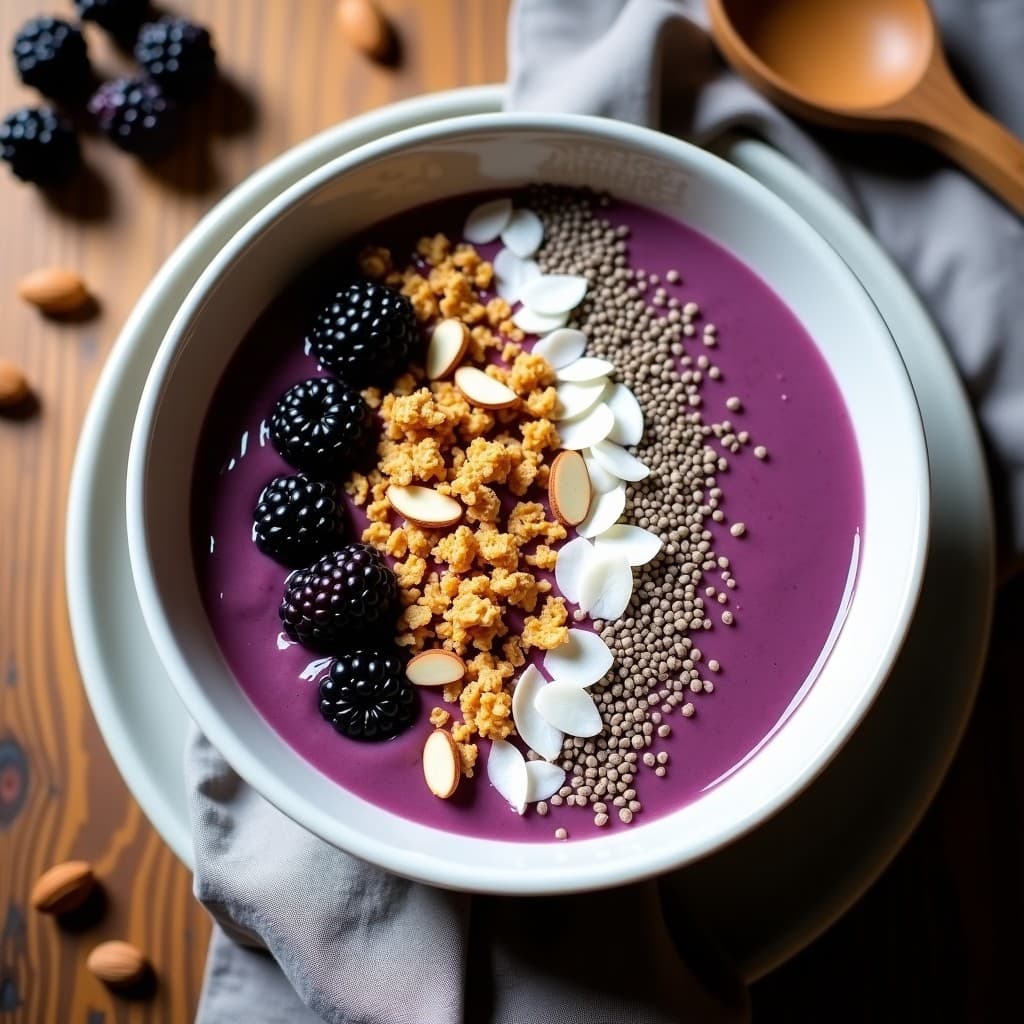 Smoothie bowl de moras y chía en un bol blanco, con una textura cremosa y vibrante color morado, decorado con coco rallado, almendras fileteadas y semillas de chía. Desayuno antioxidante y sin azúcar.