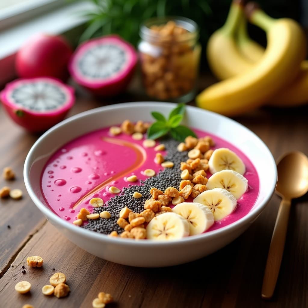 Smoothie bowl de pitahaya y chía con granola de cacahuete y miel de agave en un bol blanco de cerámica. Base rosa vibrante del smoothie de pitahaya y plátano, decorado con granola dorada de cacahuete, semillas de chía negras, hojas de menta fresca y un hilo de miel de agave. Fondo con textura de madera rústica y frutas tropicales de fondo.