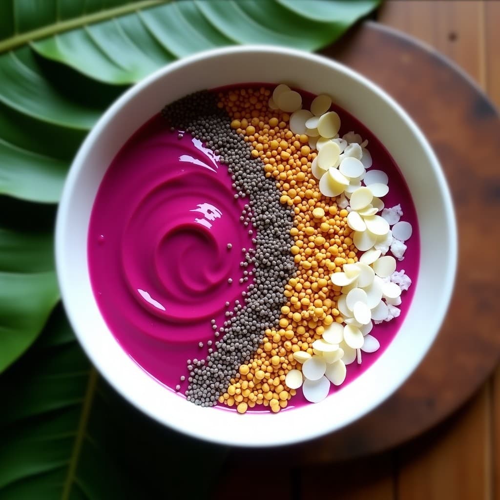 Smoothie Bowl de pitahaya rosa y chía en un bowl blanco hondo, con base cremosa de color rosa vibrante, decorado con gel de chía, coco rallado, almendras fileteadas, semillas de linaza y hojas de menta fresca. Desayuno colombiano saludable y alto en omega-3.