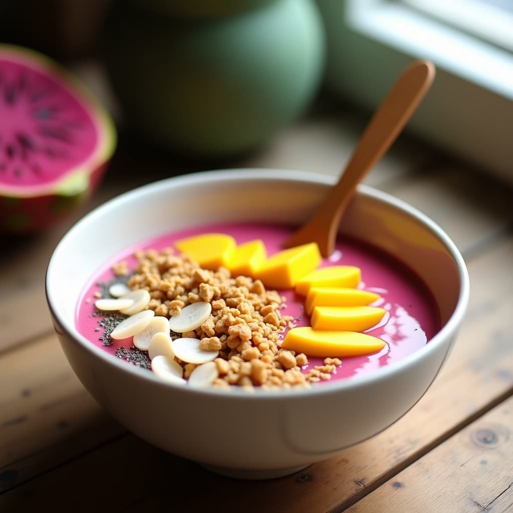 Smothie Bowl de Pitahaya y Mango con Granola de Quinoa en un bol de cerámica blanca, decorado con trozos de mango fresco, granola crujiente y semillas de chía. El bowl presenta un degradado de colores rosados y amarillos, con una textura cremosa y toppings vibrante.