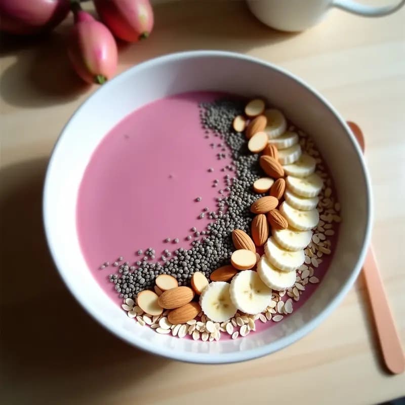 Bol de cerámica blanco con smoothie bowl de pitaya blanca y semillas de moringa, decorado con fresas, almendras, copos de avena y semillas de chía, servido sobre una mesa de madera con fondo claro.