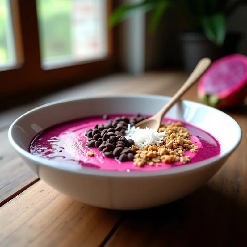 Smoothie Bowl de Pitaya y Chía en un bowl de barro blanco, con capas rosadas y cremosas, decorado con cacao nibs, coco rallado, granola de almendra y un toque de hierba mate. Desayuno brasileño sin azúcar y alto en Omega-3.