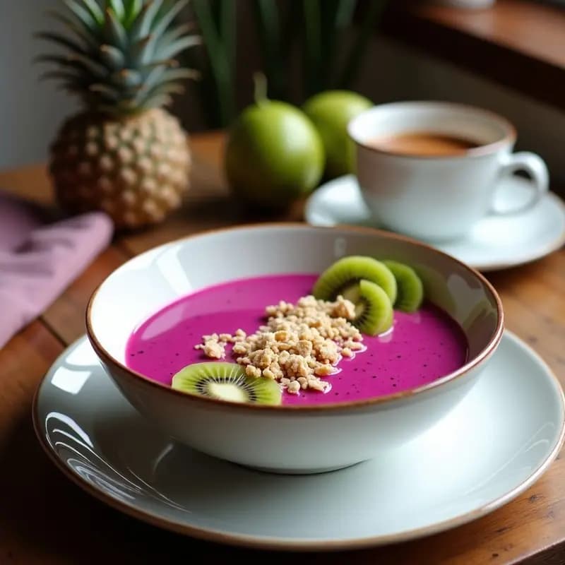 Smoothie bowl de pitaya y kiwi en un bol blanco, con base rosa vibrante y verde del kiwi, decorado con granola de amaranto dorada, coco rallado tostado, arándanos frescos y hojas de menta. Presentación estética y colorida típica de recetas virales de redes sociales.