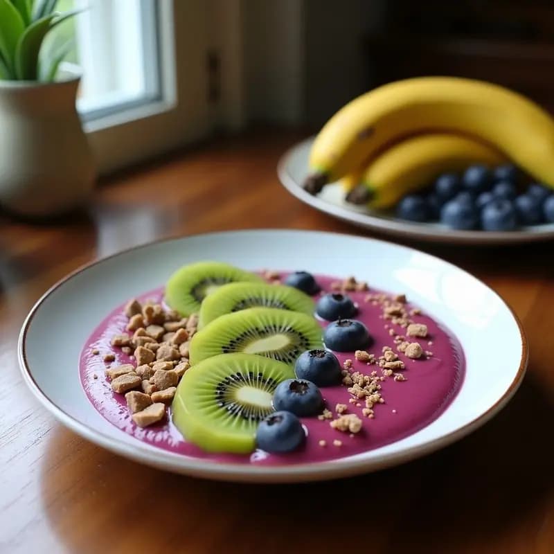 Smoothie bowl de pitaya y kiwi en un plato hondo blanco, con base rosa vibrante y toppings de queso campesino desmenuzado, granola, coco rallado, rodajas de kiwi y hojas de menta. Desayuno colombiano rico en antioxidantes.
