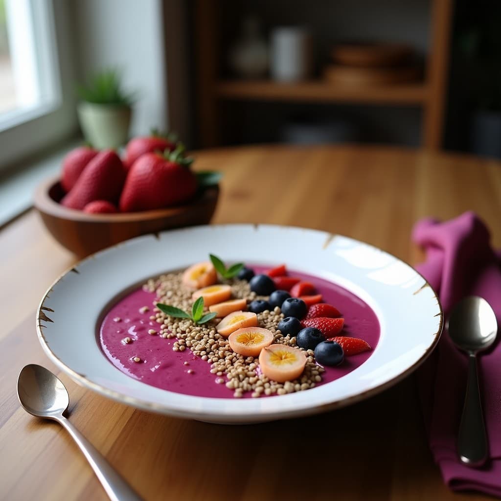 Smoothie bowl de pitaya y mariel con granola de quinoa en un bol blanco, decorado con frutos rojos, coco rallado y hojas de menta. Desayuno antioxidante y sin lácteos con colores vibrantes.