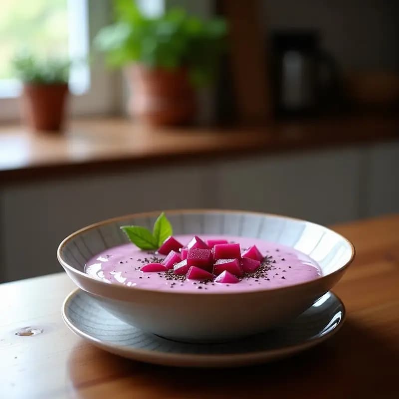 Smoothie Bowl de Pitaya y Yogur de Coco en un bol blanco con toppings de coco rallado, almendras, arándanos y menta fresca, desayuno antioxidante y sin lactosa.