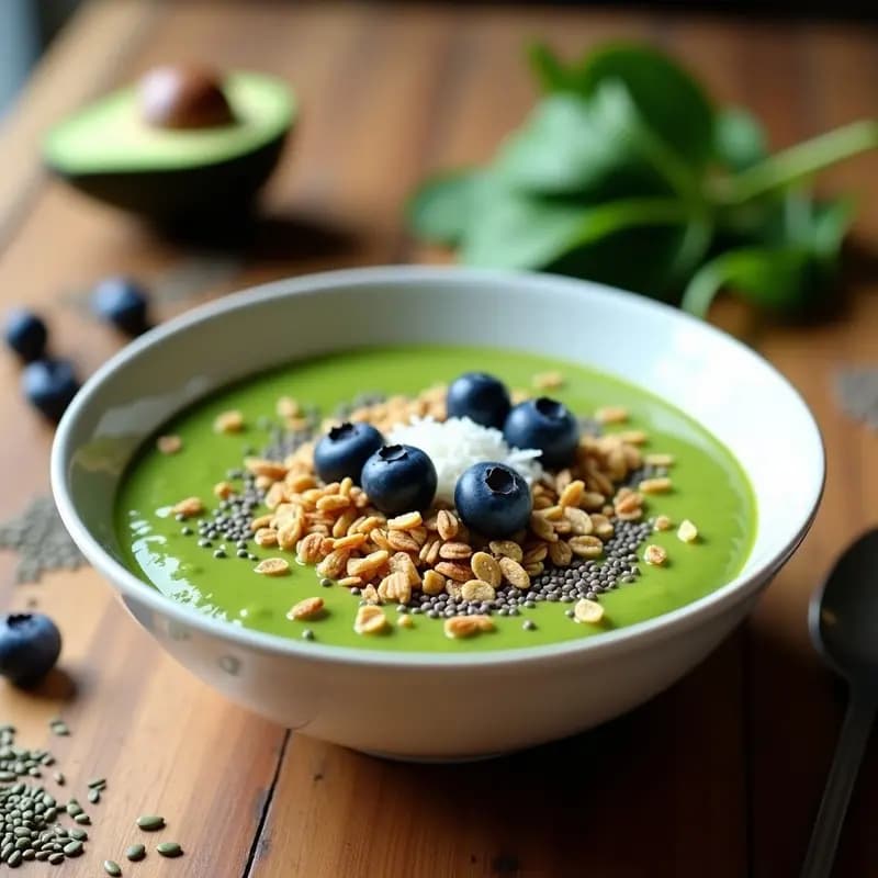 Smoothie bowl verde en bowl de cerámica blanca, con base cremosa de espinaca y aguacate, decorado con granola, coco rallado, semillas de girasol y arándanos frescos.