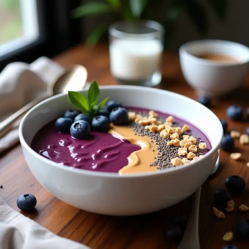 Smoothie bowl de açaí brasileña en un bol de cerámica blanca, con base morada espesa, decorado con granola, arándanos, coco rallado, semillas de chía y un hilo de mantequilla de cacahuete, receta alta en proteína.
