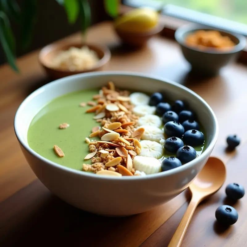Smoothie bowl vegano en cuenco blanco con base cremosa verde, decorado con arándanos, granola, coco rallado y almendras fileteadas, sobre fondo de madera rústica.