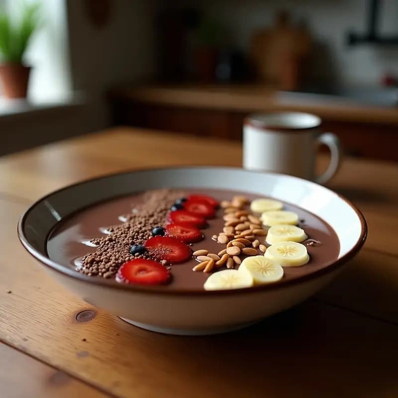 Smoothie bowl proteico en bol blanco con base cremosa de chocolate, decorado con semillas de chía, cacahuetes troceados y virutas de coco.