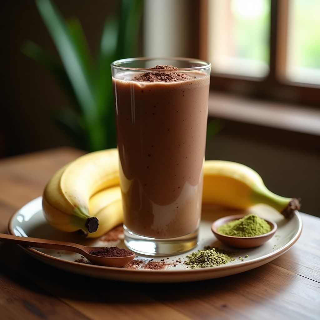 Vaso alto de cristal con Smoothie de Cacao y Banana con Espirulina, bebida energizante post-entreno de color marrón oscuro con espuma cremosa. Decorado con rodaja de banana, pizca de cacao en polvo y semillas de cáñamo en la superficie. Fondo con ingredientes dispersos: plátano, cacao y espirulina en polvo.
