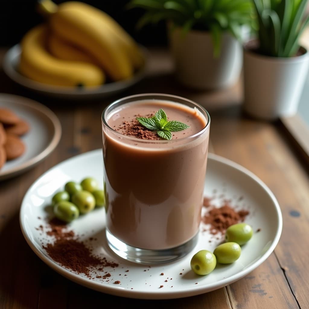 Vaso alto transparente con smoothie de cacao, plátano y espirulina para niños, de color marrón oscuro con toques verdes, decorado con semillas de chía y virutas de cacao, servido con pajita de papel sobre fondo de madera clara.
