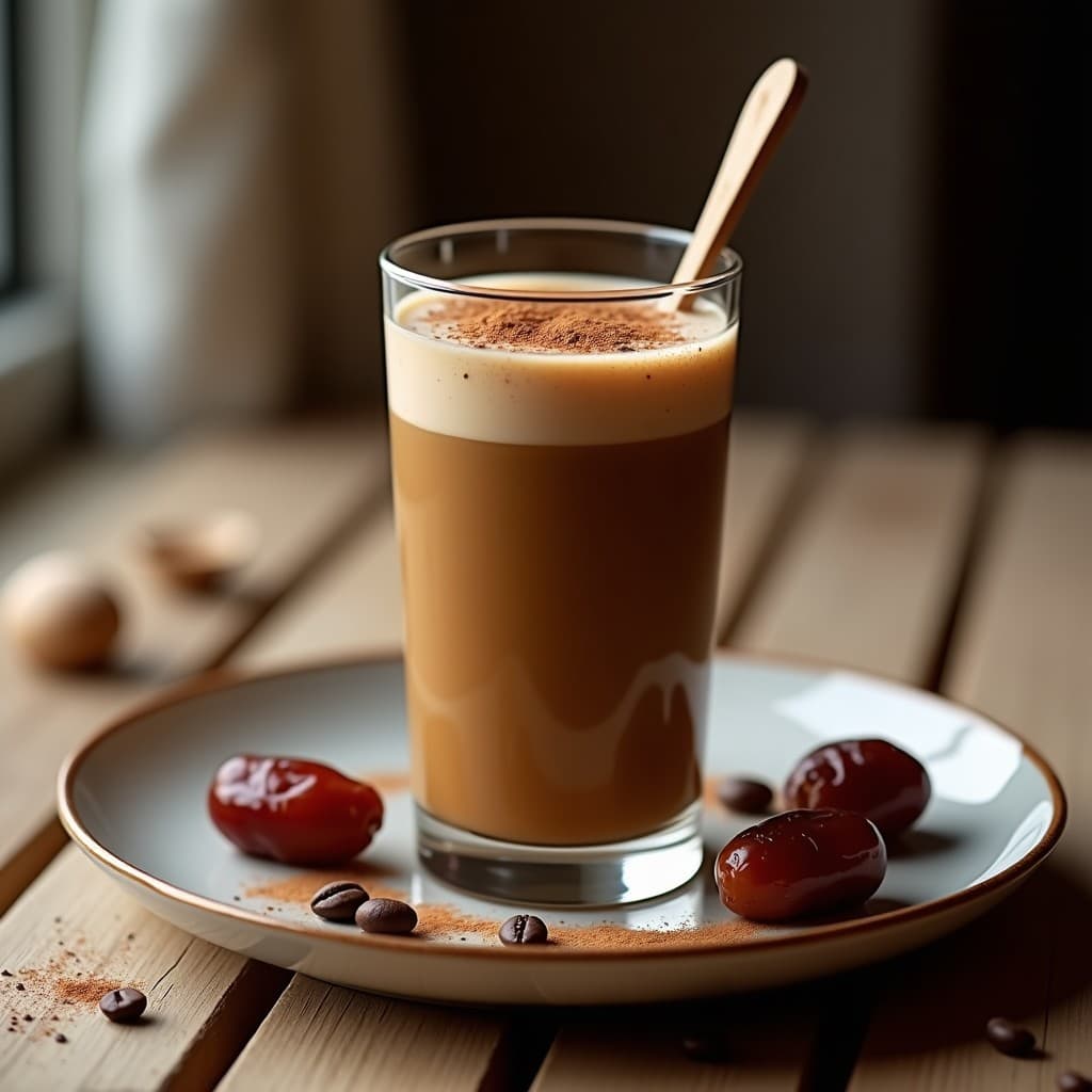 Vaso alto transparente con smoothie de café y dátiles de color marrón oscuro, espolvoreado con canela y semillas de chía, sobre fondo de madera rústica con granos de café y dátiles al lado.