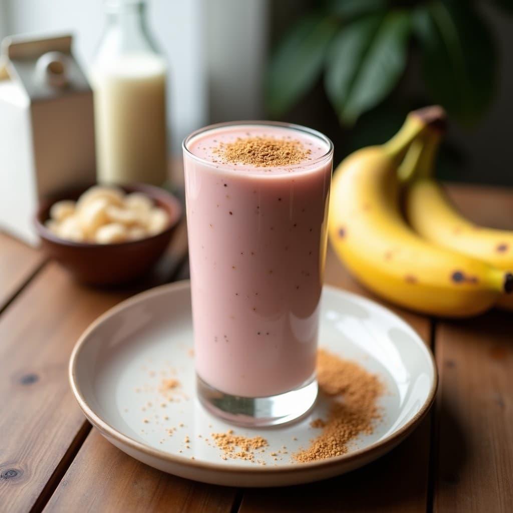 Vaso alto transparente con smoothie de camu camu y plátano, de color crema con tonos rosados, decorado con semillas de sacha inchi y canela, sobre una mesa de madera con ingredientes al fondo: plátano, pulpa de camu camu y leche de almendras.