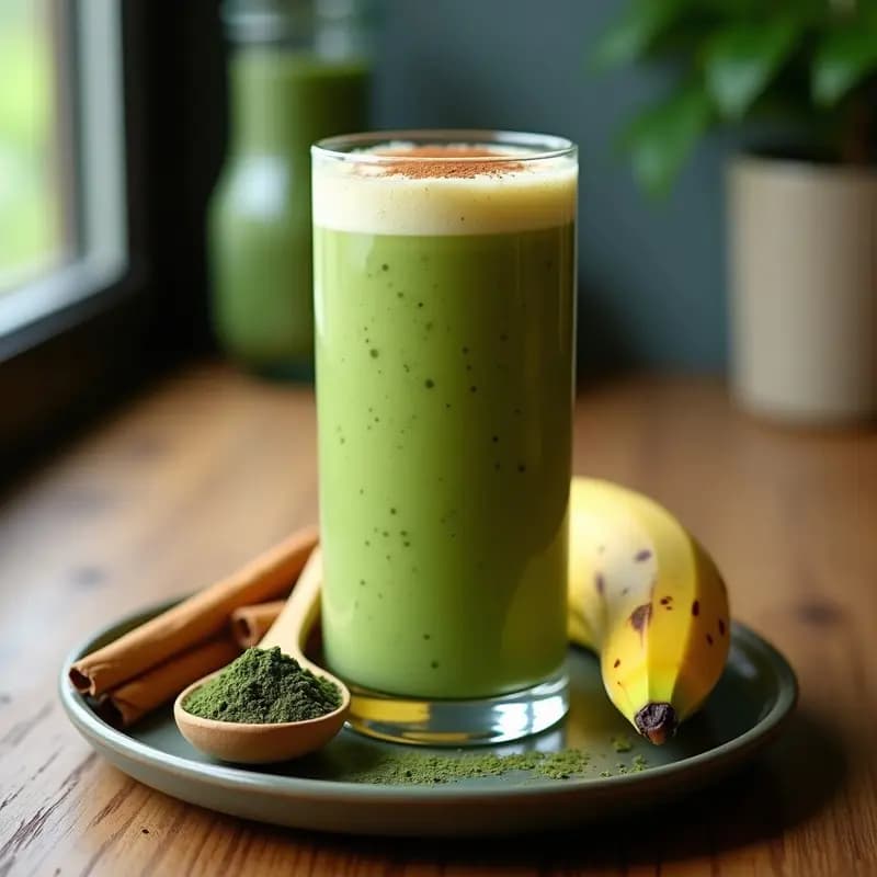 Vaso alto transparente con smoothie verde cremoso de alga chlorella y plátano, espolvoreado con canela en polvo, sobre una mesa de madera con ingredientes al lado: plátano, cucharita de chlorella y canela.