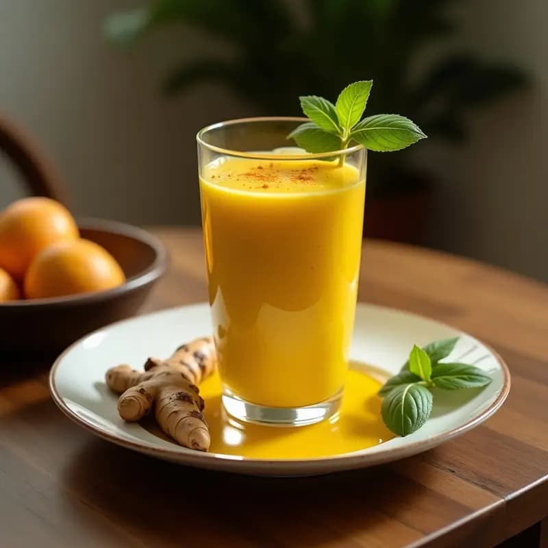 Smoothie cremoso de cúrcuma y jengibre con leche de coco servido en vaso alto transparente, decorado con hojas de hierbabuena y semillas de chía, sobre fondo de madera rústica con ingredientes frescos alrededor.