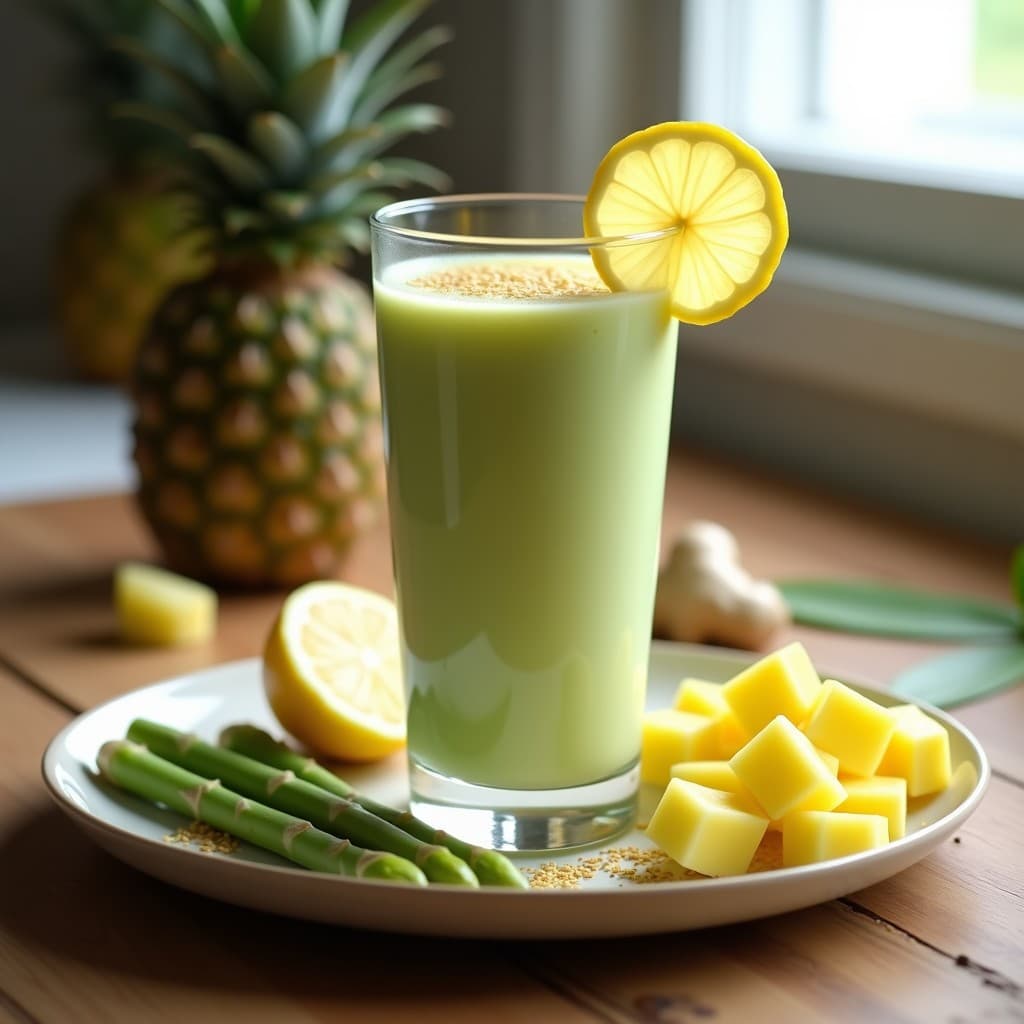 Vaso alto transparente con smoothie verde claro de espárrago blanco y piña, decorado con una rodaja de limón y semillas de lino espolvoreadas. Fondo con ingredientes frescos: piña en cubos, espárragos blancos y jengibre. Bebida detox y depurativa lista para servir.