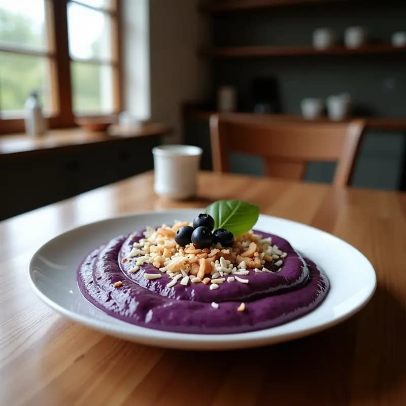 Bol de cristal transparente con smoothie de espinaca morada y blueberry, color morado intenso, decorado con coco rallado tostado, almendras fileteadas y una pizca de canela. Fondo neutro con toques de hojas de espinaca y blueberries frescos.