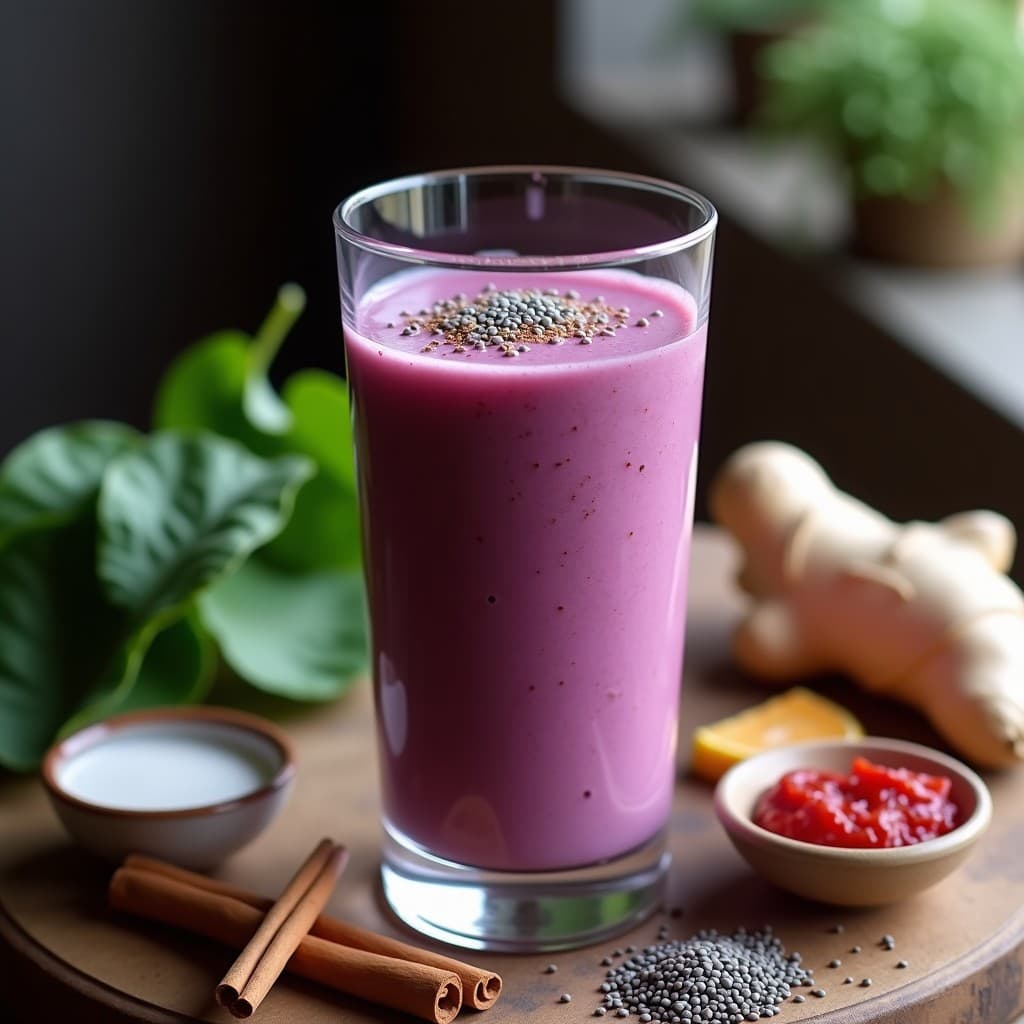 Vaso alto de cristal con smoothie de espinaca morada y leche de camella, color púrpura intenso con espuma cremosa en la superficie. Decorado con semillas de chía y una pizca de canela de Ceilán. Fondo borroso con hojas de espinaca morada y un trozo de jengibre fresco.