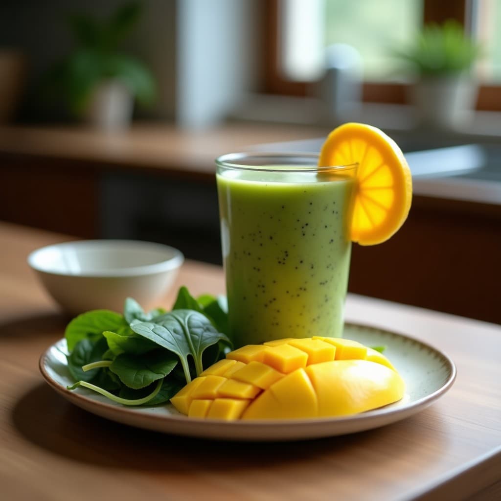 Vaso alto transparente con smoothie verde cremoso de espinacas, mango y chía, coronado con semillas de chía y rodajas de mango fresco, sobre fondo de madera con una botella de agua de coco y espinacas al lado. Bebida vegana post-entrenamiento refrescante.