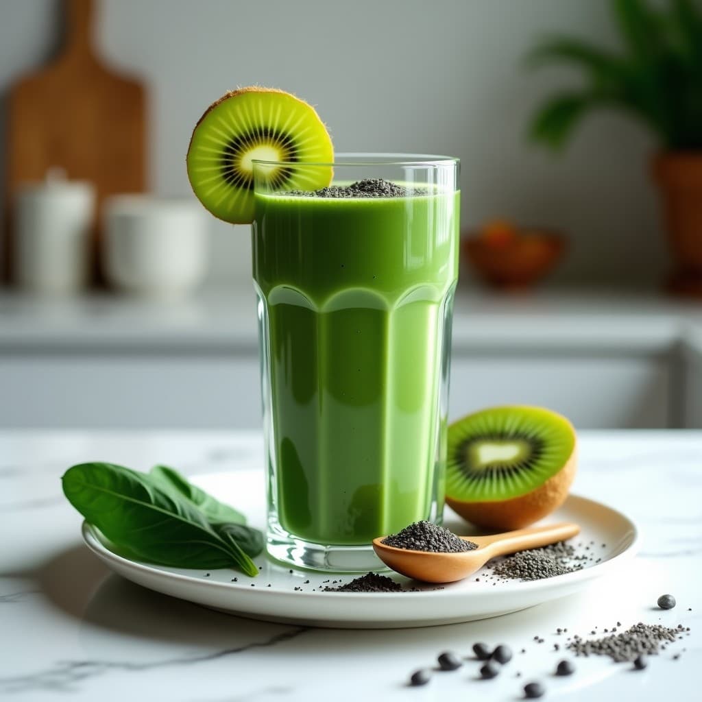 Vaso alto transparente con smoothie verde azulado de espirulina y kiwi, decorado con una rodaja de kiwi y semillas de chía, sobre fondo blanco con hojas de espinaca y cucharada de espirulina en polvo al lado.