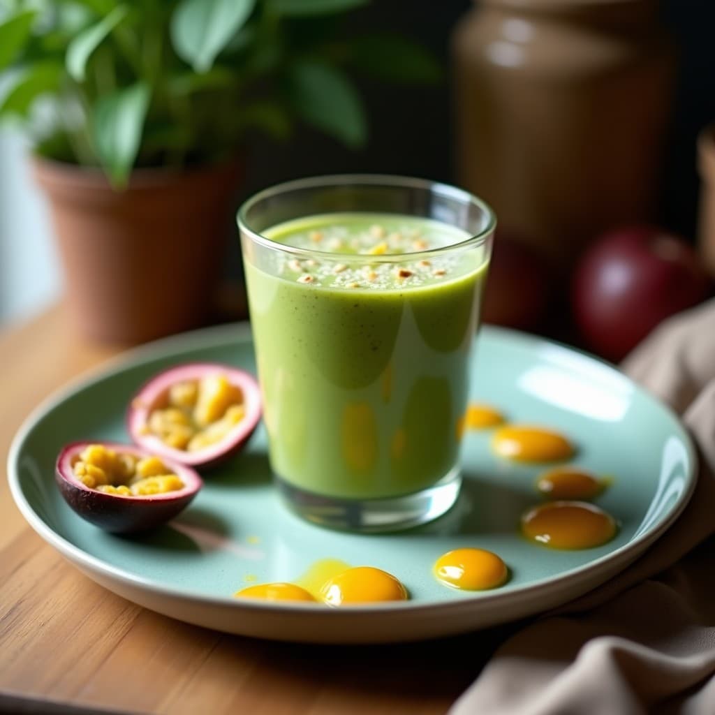 Vaso alto transparente con smoothie verde intenso de espirulina y maracuyá, coronado con espirulina en polvo y semillas de lino dorado, sobre fondo de madera rústica con hojas de maracuyá y coco rallado alrededor. Bebida antioxidante y energizante lista para servir.