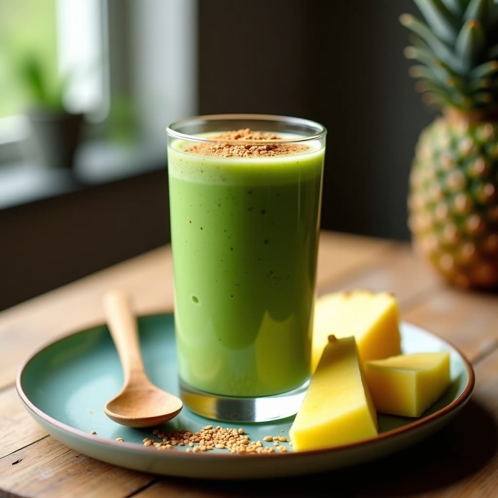 Vaso alto transparente con smoothie verde azulado de espirulina y piña, coronado con semillas de lino dorado y un toque de canela, acompañado de rodajas de piña fresca y una cuchara de madera sobre fondo de madera rústica. Bebida energética vegana y sin lactosa.