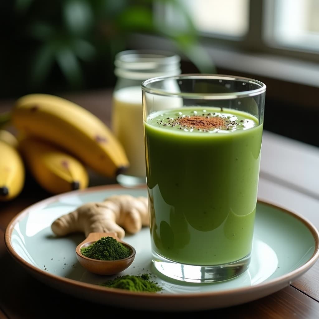 Vaso alto de cristal con smoothie verde azulado de espirulina y plátano, decorado con semillas de chía y canela, sobre fondo oscuro con ingredientes dispersos: plátano, cucharada de espirulina y jengibre fresco. Bebida superalimento para deportistas.