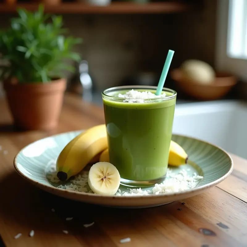Smoothie verde vibrante en vaso transparente alto con capas de toppings: coco rallado blanco, granola dorada y semillas de chía negras. Decorado con hojas de menta fresca y servido con cuchara larga. Receta de batido de espirulina y plátano con toppings de coco rallado, ideal para TikTok.