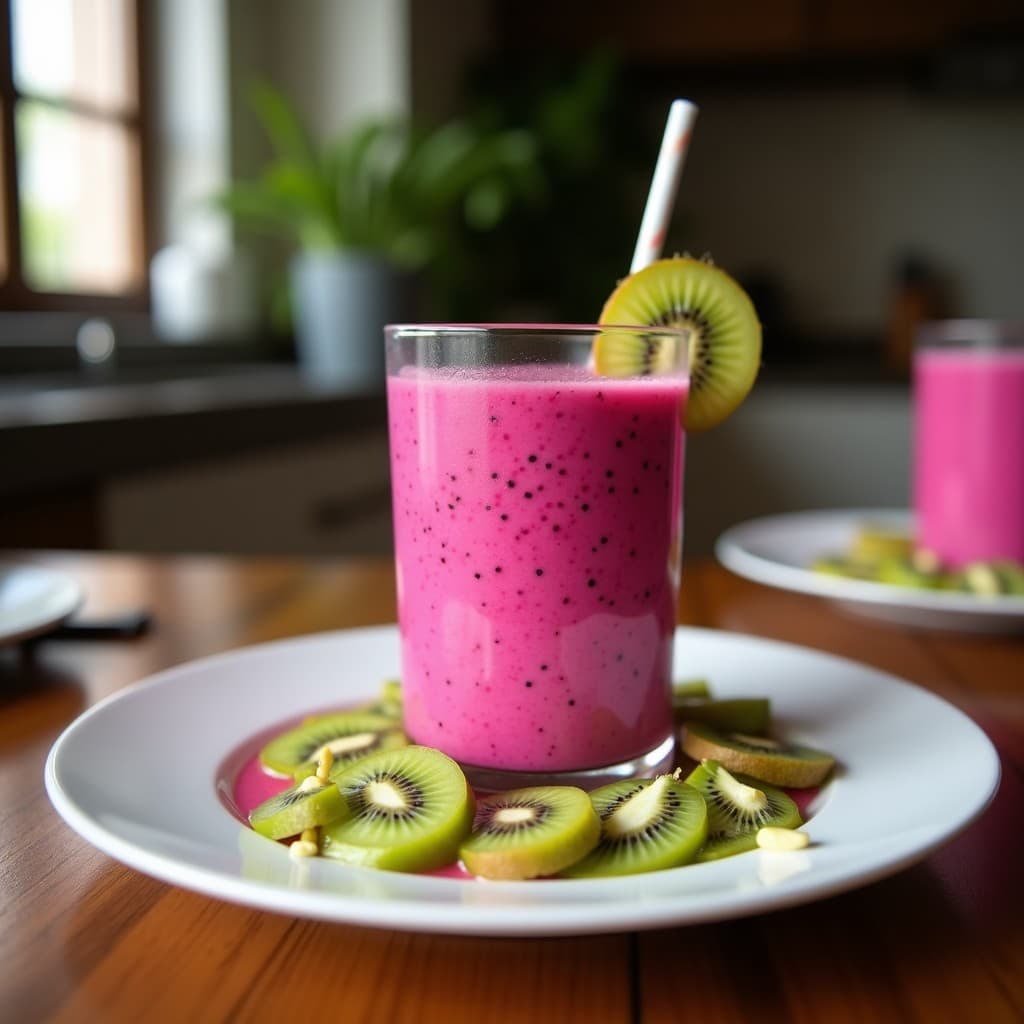 Vaso alto transparente con smoothie de fruta del dragón y kiwi con leche de coco, decorado con semillas de chía y rodajas de kiwi, sobre fondo de madera clara con luz natural.