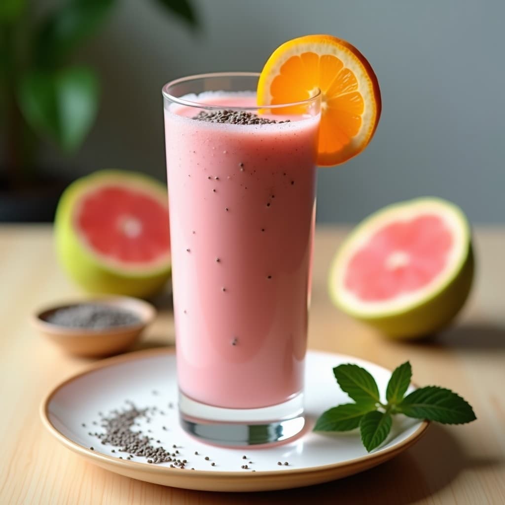 Vaso alto de cristal con smoothie de guayaba y aloe vera sin lactosa, de color rosado cremoso, decorado con una rodaja de naranja y semillas de chía en la superficie. Fondo con hojas de menta y guayabas cortadas.