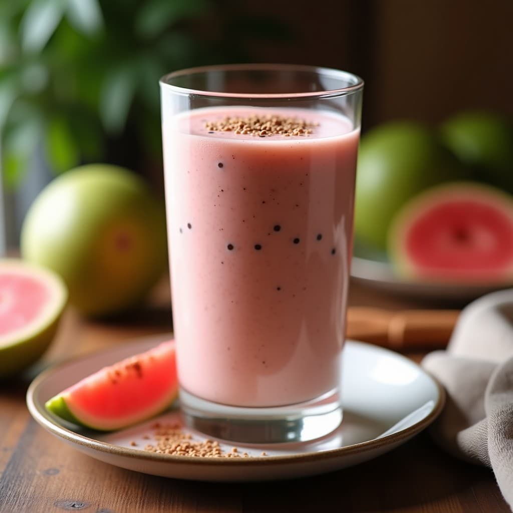 Vaso alto transparente con smoothie de guayaba y chía, de color rosado claro con textura cremosa, decorado con semillas de chía y una pizca de canela. Fondo con hojas de guayaba y luz natural.