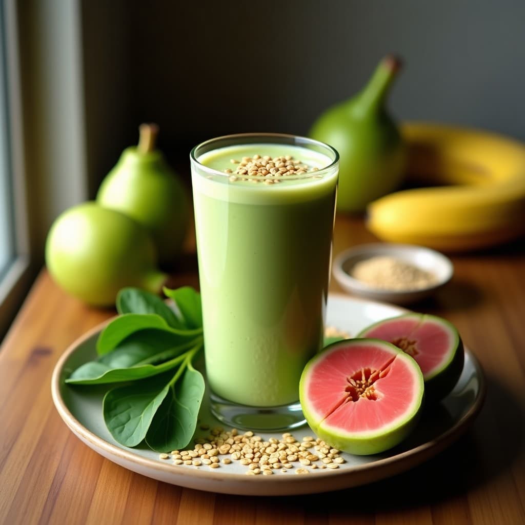 Vaso alto transparente con smoothie verde cremoso de guayaba y espinacas, coronado con una pizca de canela y semillas de lino, servido sobre una mesa de madera con hojas de espinaca y rodajas de guayaba al lado. Bebida colombiana rica en fibra.