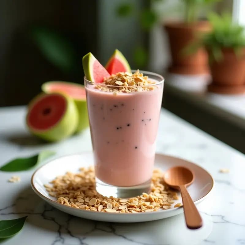 Vaso alto transparente con smoothie cremoso de color rosa pálido, decorado con granola de avena dorada y trozos de guayaba fresca. Fondo blanco con hojas verdes y una cuchara de madera. Bebida tropical energizante lista para servir.