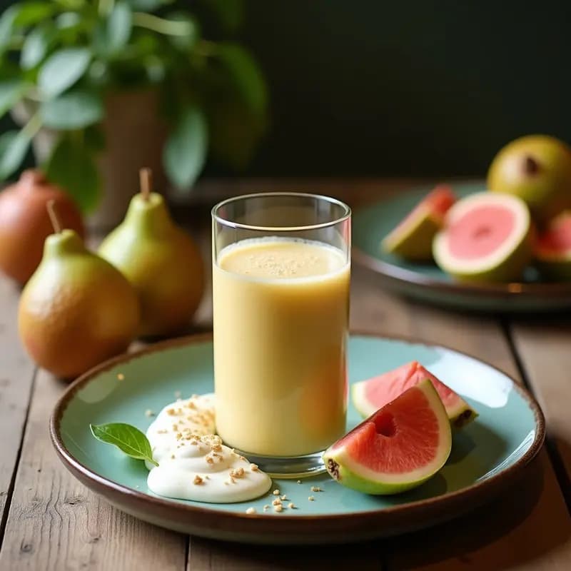 Vaso alto transparente con smoothie cremoso de color rosado claro, decorado con una rodaja de guayaba y una pizca de cardamomo. Fondo con hojas de coco y trozos de jengibre fresco.