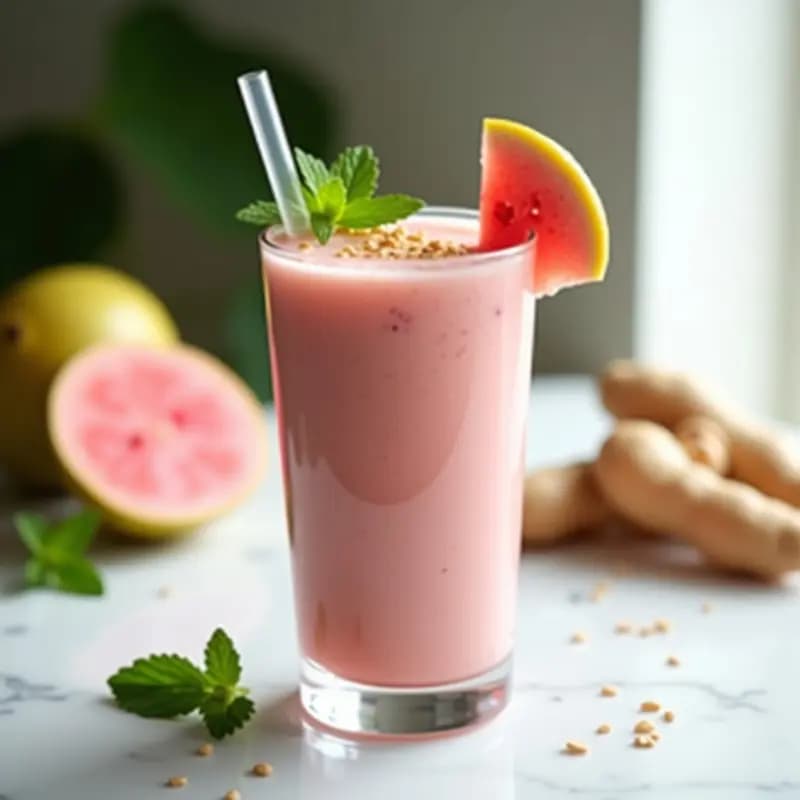 Vaso alto de cristal con smoothie de guayaba y jengibre, bebida caribeña cremosa de color rosado claro, decorado con una rodaja de guayaba y semillas de lino espolvoreadas. Fondo blanco con hojas de menta.