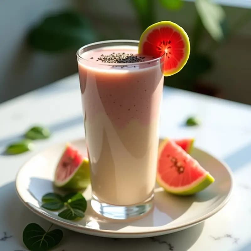Vaso alto transparente con smoothie de guayaba y kokum con leche de almendras, de color beige cremoso con vetas rosadas, decorado con semillas de chía y una rodaja de guayaba. Fondo blanco con hojas verdes y luz natural suave.