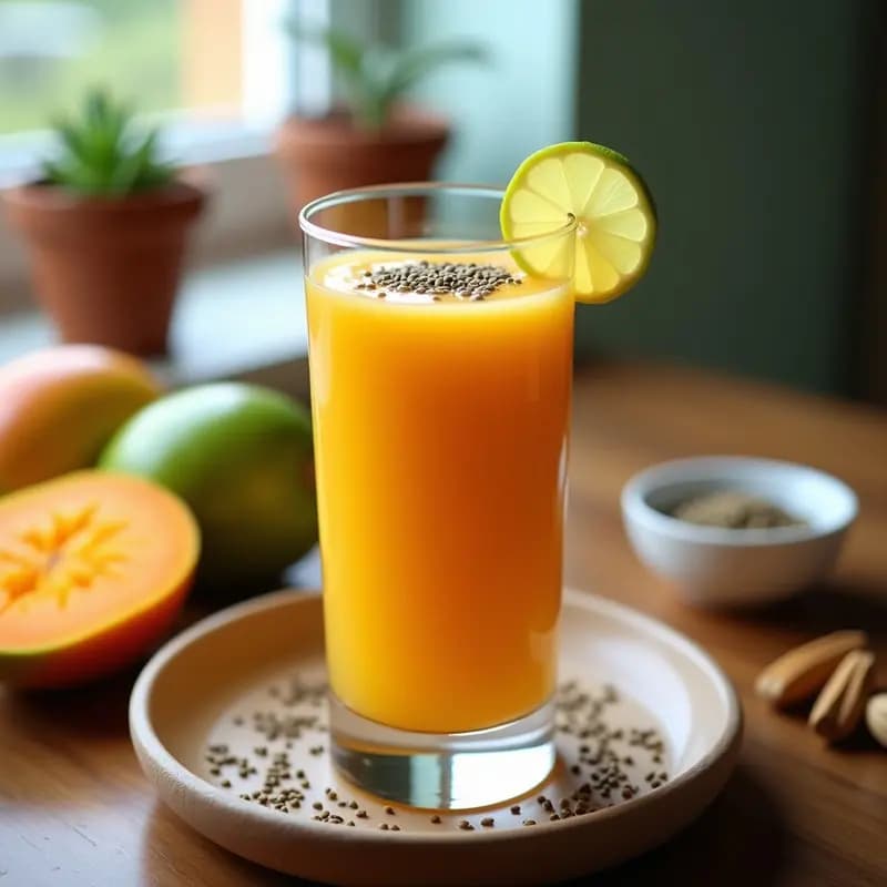 Vaso alto con smoothie de guayaba y mango con chía y cardamomo, bebida colombiana detox de color naranja vibrante, decorado con semillas de chía y una rodaja de limón al borde. Fondo borroso de cocina con ingredientes frescos: guayabas, mango y cardamomo.