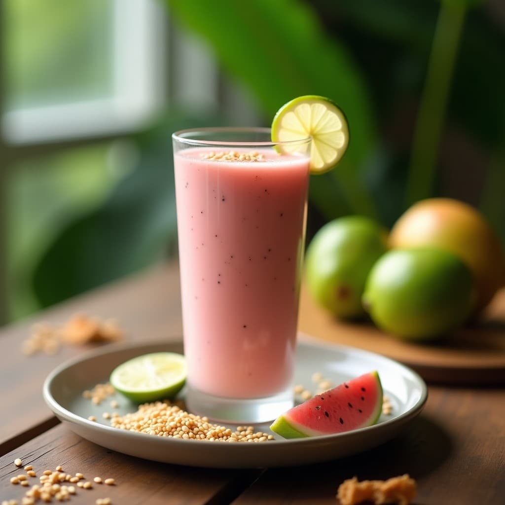 Vaso alto de cristal con smoothie cremoso de color rosado claro, decorado con semillas de sésamo tostadas y una rodaja de lima al borde. Fondo con hojas de plátano y semillas de sésamo esparcidas, representando la bebida energética filipina de guayaba y sésamo para el desayuno.